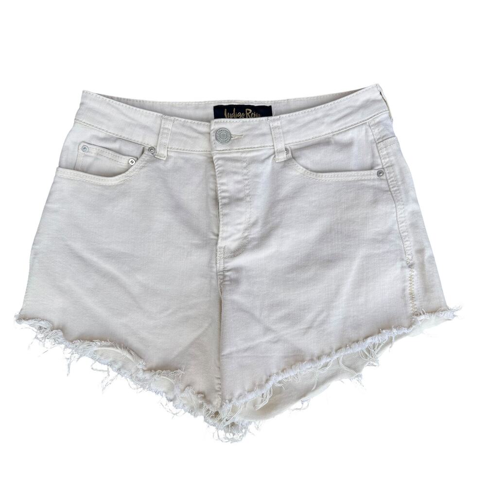 Indigo Rein Cream High Rise Raw Hem Cutoff Denim Shorts Stretch Size 9/28 5"